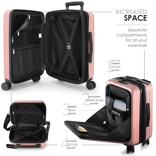 TRAVELARIM 20 Inch Carry On Luggage 22x14x9 Airline Approved, Carry On Suitcase with Wheels, Hard-shell Carry-on Luggage, Durable Luggage Carry-On, Pink Small Suitcase with Cosmetic Case