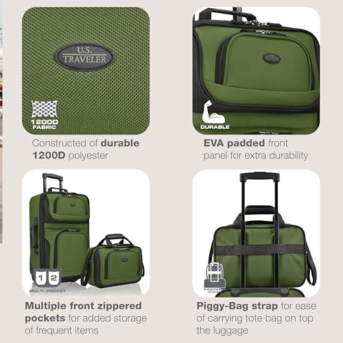 U.S. Traveler Rio Lightweight Softside Rolling Carry-on Suitcase, 2-Wheel Set, Green