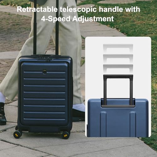 LEVEL8 Road Runner Carry On Luggage with Front Compartment, 20 Inch Lightweight Hard Shell Suitcases with Wheels Airline Approved, Tsa Locks for Luggage, Blue,21.46" x 14.57" x 9.45"