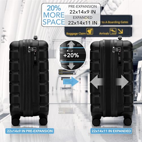 Flight Knight 22x14x9" Expandable Carry On Suitcase Hardside TSA Lock USB C Port Lightweight Luggage Silent Double Spinner Wheels Maximum Overhead Carry-On Bag For American & United Approved Airlines