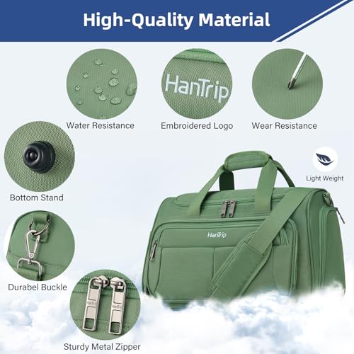 HanTrip Carry on Duffel Bag Foldable Duffle Bags for Travel, Under Seat Personal Item Bags for Airplanes, Weekender Overnight Mens Travel Tote Bag for Women Softside Carry on Luggage (Forest Green)