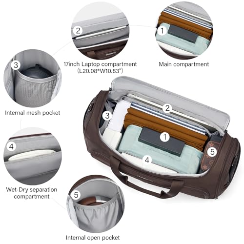 Hanke Large Capacity Travel Duffel Bag, Carry On Luggage with 12 Pockets, 17 Inch Laptop Compartment, Wet Dry Separation & Independent Shoe Bag, Lightweight Foldable Duffel Bag for Women Men（Coffee）