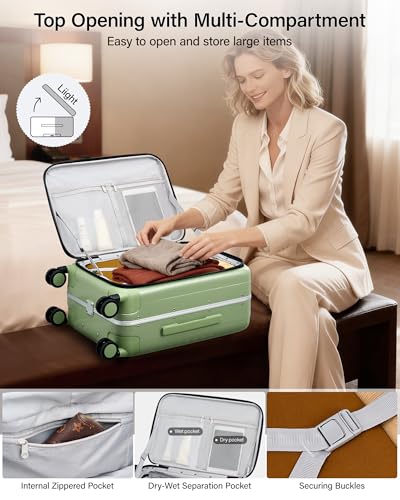Hanke 20 Inch Carry-On Luggage with Wheels PC Hard Shell Suitcases Top Opening Aluminum Frame Travel Luggage Suitcases for Woman Men.(Bamboo Green)