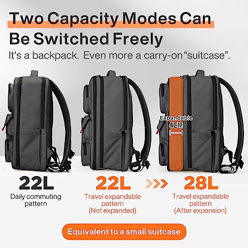 mixi Large Capacity Expandable Travel Backpack for Women & Men 15.6'' Laptop Carry On Weekender Bag Outdoor Hiking with Multifunction Pockets 180° Open Water Resistant 18 Inch 28L, Rock Gray