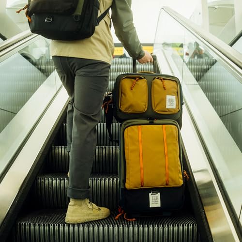 Topo Designs Global Travel Roller Bag Suitcase, Carry-On Friendly, 3 Carry Options, Smooth Heavy Duty Wheels, Telescoping Handle, Designed in Denver CO USA, PFAS Free (Dark Denim/Burgundy)
