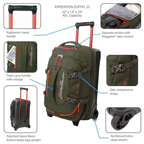 Eddie Bauer Expedition Rolling Duffel Bag with Wheels | Travel | Carry-On | Luggage | Rugged | Durable - Storm, 22"
