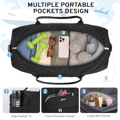 ZOMFELT Carry On Luggage 22x14x9 Airline Approved, 45L Waterproof Large Women Duffle Bag for Travel, Carry on Travel Bag with Shoe Compartment, Weekender Overnight Hospital Gym Bag for Women, Black