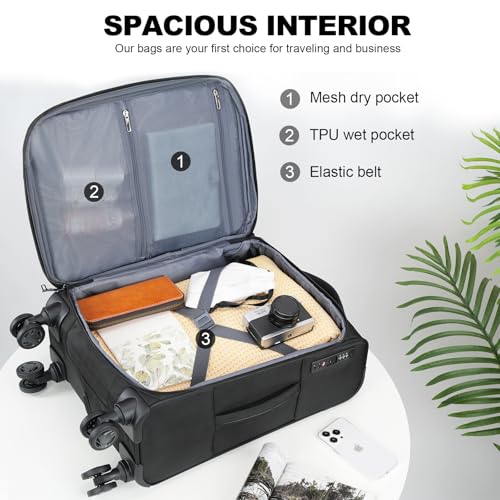 KROSER Softside Expandable Carry On Luggage with Front Business Pockets，20 Inch Suitcases with Spinner Wheels & Built-in TSA Lock, Durable Suitcase Rolling Luggage with USB Port, Black