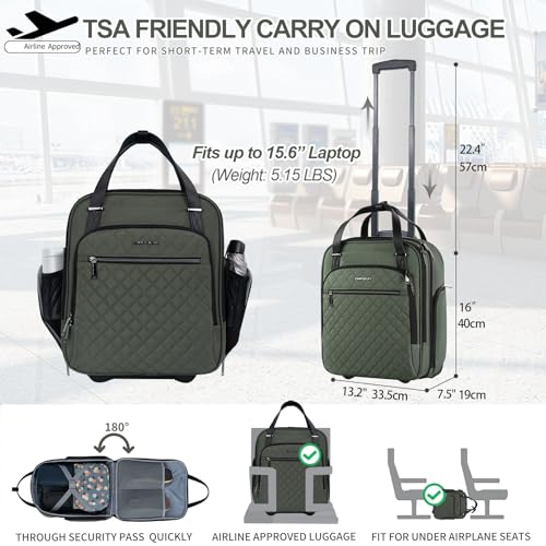 EMPSIGN Underseat Carry On Wheeled - 16" Carry on Bag with Wheels Multi-functional Lightweight Rolling Bag Overnight Weekender Small Suitcase for Women Men Travel Business, Army Green