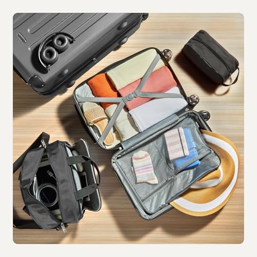 Amazon Basics 4-Piece Luggage Set, Hardside Suitcases with Spinner Wheels (22" Carry On & 28" Checked), Tote Bag & Travel Bag, Black