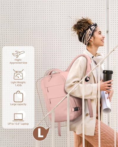 Pritent Travel Backpack for Women Man, Waterproof Personal Item Travel Bag Airline Approved Laptop Backpack Bookbag Weekender bags for Business,Travel, Work Fits 15.6 inch Laptop(Medium,Pink)