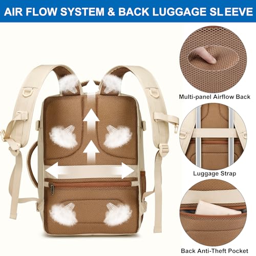 Travel Backpack for Women Airline Approved Carry On Backpack with Shoe Pouch,TSA 15.6inch Laptop Mochila Flight Approved Personal Item Bag for Weekender Overnight Bags Bookbag Travel Essentials,Beige