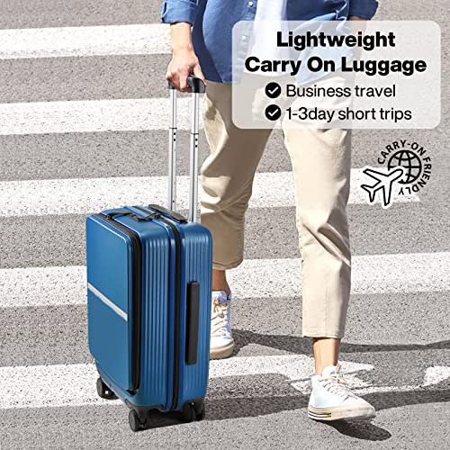 Hanke 20 Inch Carry On Luggage Airline Approved Hard Shell Suitcases with Wheels & Front Pocket Travel Luggage Lightweight Carry On Suitcase for Travel Rolling Luggage(Blue)